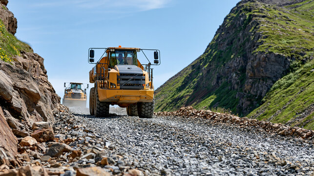 Two pieces of industrial road equipment operating on a rocky uneven mountain path, heavy machinery conquering rugged terrain, with copy space