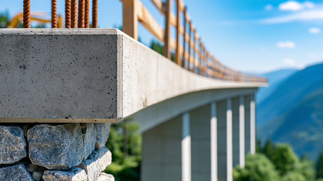 Bridge under construction spanning a mountain valley, engineering progress, structural development, with copy space