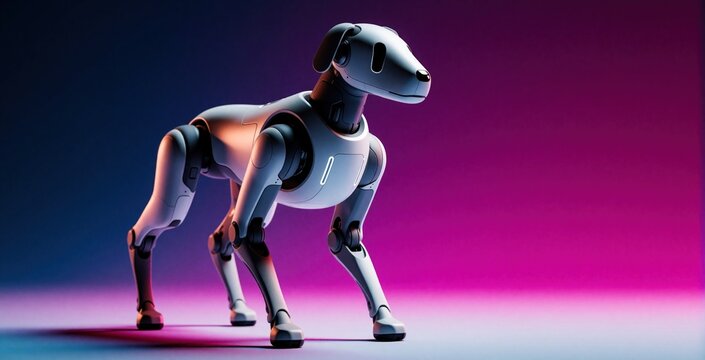 Sleek white robotic dog stands on studio floor. Futuristic cybernetic canine features modern tech design with metallic parts. Smart artificial intelligence pet model poses against neon pink, blue