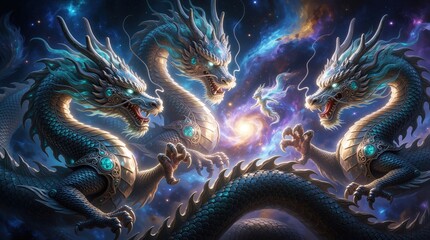 Obraz premium Three majestic dragons soar through cosmic nebula. Mythical creatures with glowing eyes guard celestial. Fantasy art depicts powerful beasts in vibrant space background.