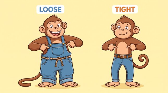 Educational monkey cartoon illustrating loose and tight clothing, cute primate characters in denim overalls and jeans, antonyms concept