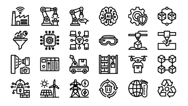 Industrial automation line icons, 24 smart manufacturing vector symbols, industry 4.0 technology and robotics set isolated on White Background