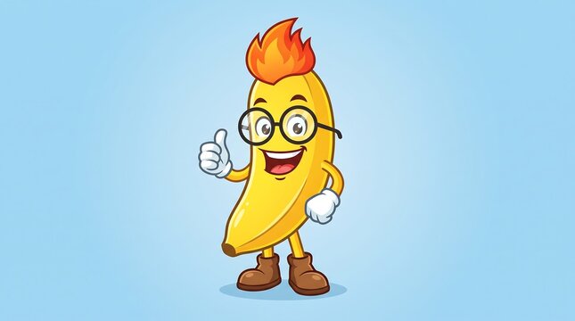 Funny banana cartoon character with fire hair and glasses, cool fruit mascot giving thumbs up, yellow banana person illustration