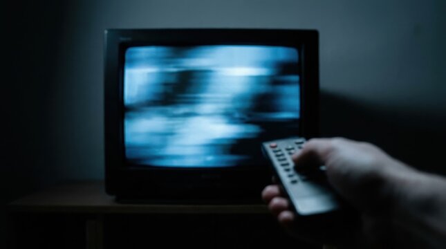 Hand holding remote control pointing at a distorted television screen