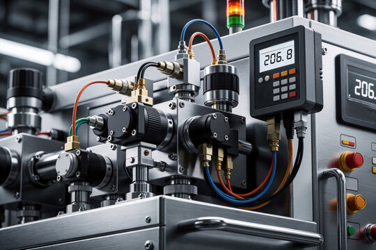 Industrial automation control unit with sensors wires, digital displays. Precise machinery operates complex electromechanical systems for production. Modern factory equipment ensures efficiency,
