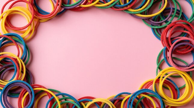 Many colorful rubber bands form round frame on pink background. Top view of bright elastic loops. Pile of multi colored stationery supplies for school office. Flexible rubber material for tying hair