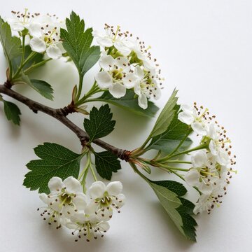 Close up of Crataegus laevigata branch with white flowers, green leaves. Mayflower blossoms grow on woody stem. Single plant twig isolated on white background. Botanical macro shot shows spring