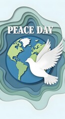 Fototapeta premium Peace day paper art composition with a white dove and a globe map international creative