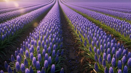 Naklejka premium Vast purple flower field stretches in neat rows toward horizon. Sunlight beams across organized agricultural plantation, creating serene landscape. Plants grow in orderly pattern.