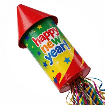 Colorful firework rocket with happy new year text on bright background. Festive pyrotechnics object for holiday celebration. Single explosive rocket ready to launch for party entertainment. Brightly