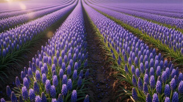 Vast purple flower field stretches in neat rows toward horizon. Sunlight beams across organized agricultural plantation, creating serene landscape. Plants grow in orderly pattern.