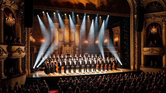 Large orchestra, choir perform on grand Broadway stage. Many singers in black outfits stand before massive pipe organ. Bright spotlights shine on musicians in luxury opera house. Audience watches
