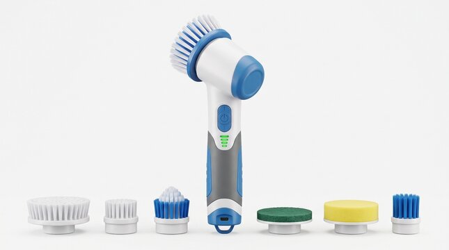 Electric spin scrubber with interchangeable brush heads. Cordless power cleaning tool for bathroom and kitchen. Handheld motorized scrubbing device.