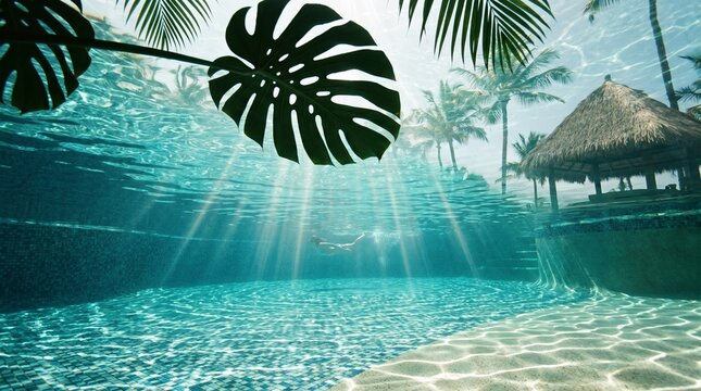Underwater view of tropical resort swimming pool with clear blue water and palm leaves