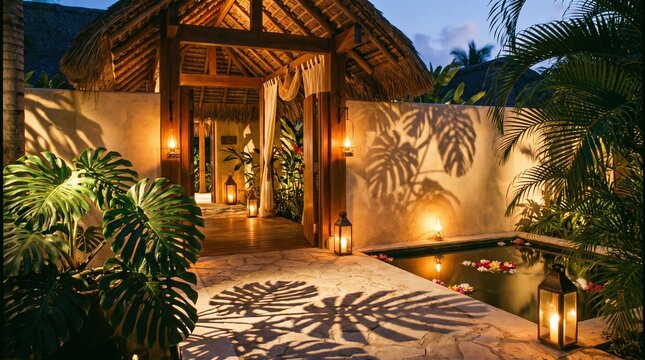 Luxury tropical resort spa entrance illuminated by lanterns at evening