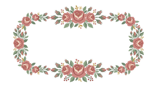Oval floral frame with pink roses and green leaves, isolated