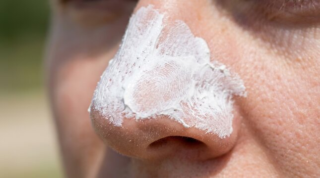 Zinc oxide sunscreen on human nose. Extreme solar protection cream applied for skin safety.