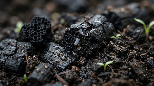 Biochar absorbing water droplets for soil restoration. Sustainable carbon-rich charcoal enhancing moisture retention in eco-friendly agriculture.