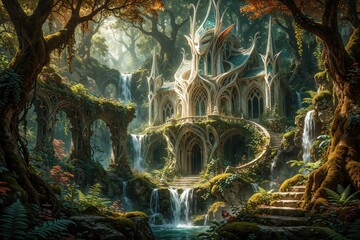Fototapeta premium Elven castle nestled in lush green forest amidst cascading waterfalls, ancient trees. Intricate architecture blends with nature, creating magical, serene, mysterious atmosphere. Peaceful water flow.