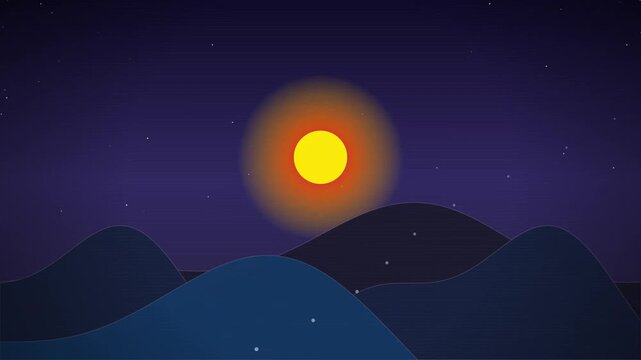 Glowing Sun or Moon Over Layered Mountains at Night - Flat Design Landscape Illustration with Purple Sky and Stars for Sunset Sunrise Background