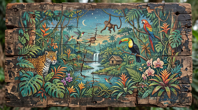 Vibrant jungle waterfall painting in cracked wooden frame with lush tropical foliage and wildlife