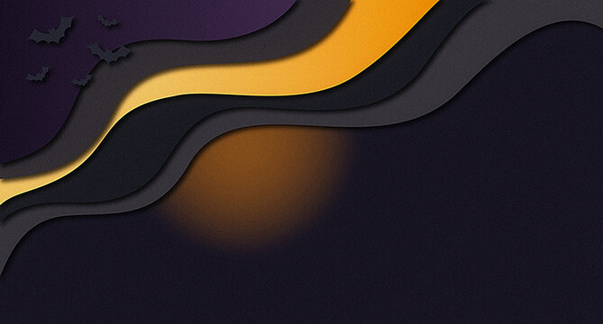 Dark Halloween paper cut wave banner background with glowing orange center and purple layers for webpage header, poster or social media design