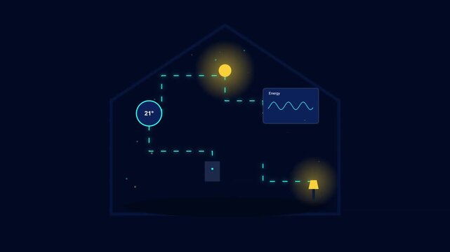 Smart Home Automation Concept with Connected Devices - IoT Network Diagram Showing Temperature Control Lighting and Energy Monitoring in Dark Blue Background