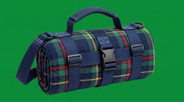 Tartan picnic blanket rolled with carry handle, blue plaid outdoor mat with straps, portable camping rug on green background