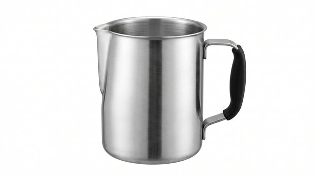 Stainless steel milk frothing pitcher with black handle, professional barista steaming jug, silver metal coffee pitcher isolated on white