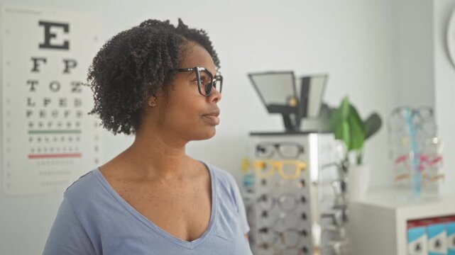 Woman wearing glasses with slight head turn toward camera in optometry building; vision care confidence.