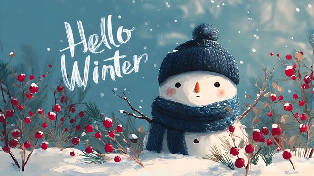 Hello Winter snowman wearing knit hat and scarf in snowy scene