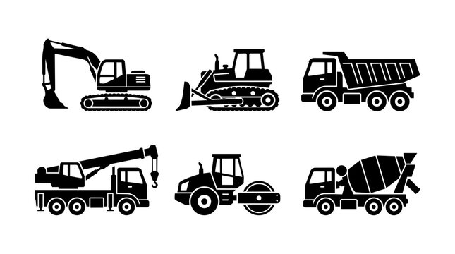 Construction machinery silhouette vector set showcasing excavator, bulldozer, dump truck, crane, road roller, and cement mixer on white background.
