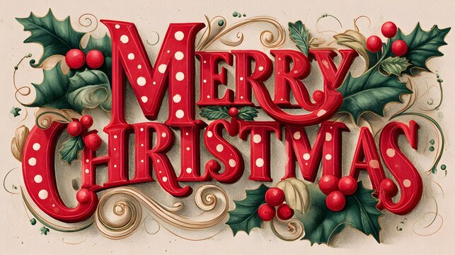Merry Christmas bold red script with holly and decorative swirls