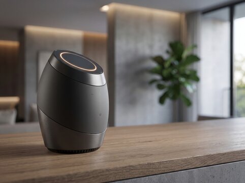 Modern smart home voice assistant speaker on wooden kitchen countertop