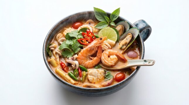 Delicious seafood tom yum soup garnished with herbs in rustic bowl on white table