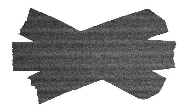 Two pieces of black duct tape crossed over each other, isolated on a white background. Useful for masking or covering up sensitive information.