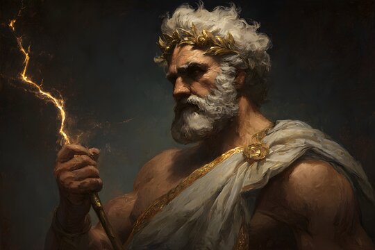 Portrait of an ancient bearded god holding a lightning bolt