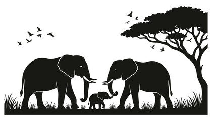 African elephant family silhouette in savanna landscape with acacia tree and flying birds © Nadia