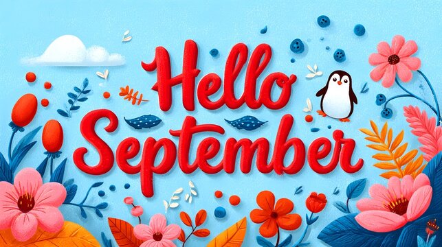 Hello September red script with flowers, leaves and penguin