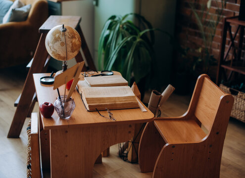 Children's School Desk with Book, Globe and Educational Objects