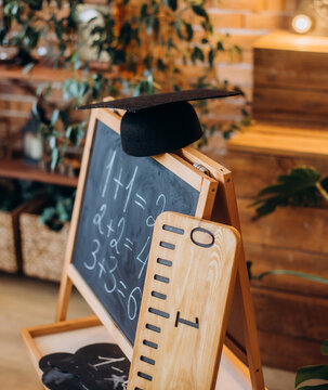 School Blackboard with Graduation Cap and Ruler for Back to School