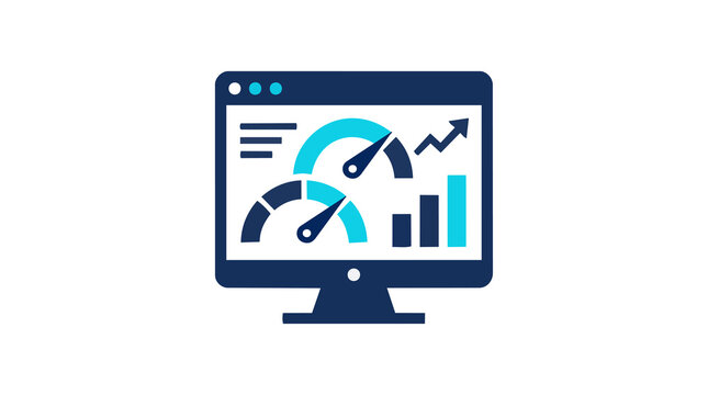 Desktop computer monitor displaying a performance dashboard with analytical gauges, charts, and optimization metrics.