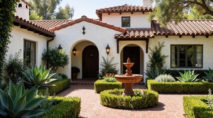Fototapeta premium Spanish Revival style villa with white stucco walls, red tile roof. Beautiful courtyard features brick patio, stone fountain, green hedges. Elegant architecture with arched doorways, dark wood doors