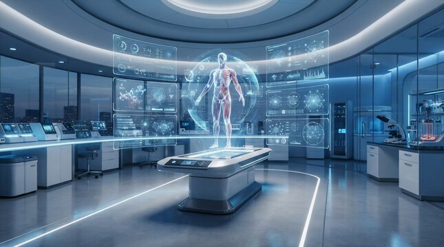 Futuristic medical laboratory with holographic human anatomy display