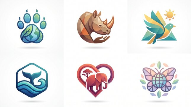 Vibrant geometric logo collection for animal and nature conservation, symbolizing wildlife protection, ecological balance, and environmental sustainability