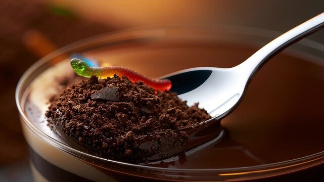 Colorful gummy worms resting on chocolate mousse topped with cocoa powder, spoon positioned beside dessert in a clear glass bowl, warm lighting enhancing the scene