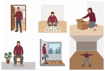 Fototapeta premium Vector illustrations of a man moving into a new home, including scenes of unpacking, looking at floor plans, and holding house keys.