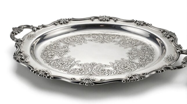 Ornate antique silver platter with intricate floral patterns and handles on white background. Detailed metal serving dish with decorative trim, ready for display or use.