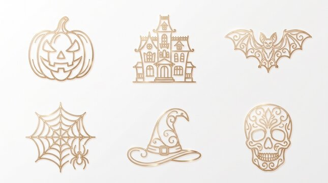 Elegant Golden Halloween Icon Collection featuring a Jack O Lantern Pumpkin, Haunted House, Bat, Spider Web, Witch Hat, and Decorative Sugar Skull