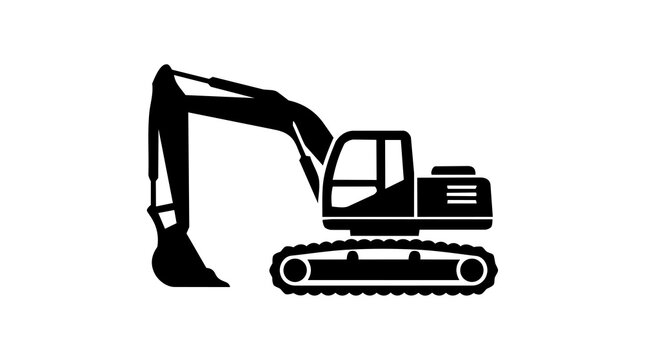 Excavator silhouette icon depicting heavy construction machinery and earthmoving equipment isolated on white background.